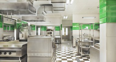 Restoran ekipmanları. Modern endüstriyel mutfak. 3d illüstrasyon