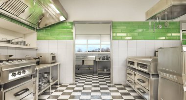 Restoran ekipmanları. Modern endüstriyel mutfak. 3d illüstrasyon