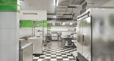 Restoran ekipmanları. Modern endüstriyel mutfak. 3d illüstrasyon