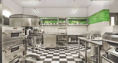 Restoran ekipmanları. Modern endüstriyel mutfak. 3d illüstrasyon