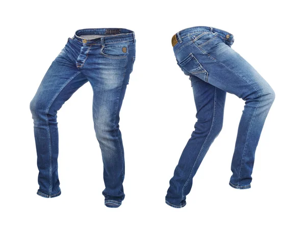Calças jeans em branco à esquerda e à direita isoladas em um bac branco — Fotografia de Stock
