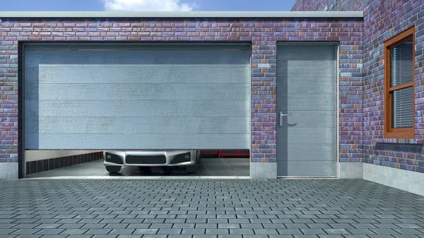 Moderne garage met open sectionaalpoort. 3D-illustratie — Stockfoto