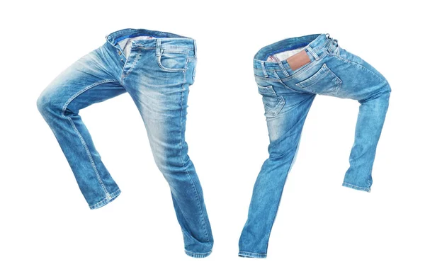 Calças jeans em branco à esquerda e à direita isoladas em um bac branco — Fotografia de Stock