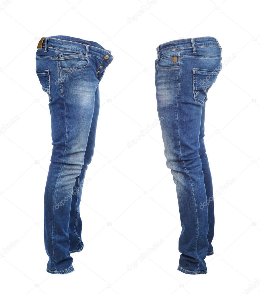 Blank jeans pants leftside and rightside isolated on a white bac