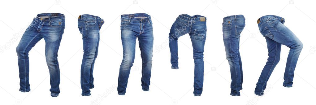 Set of empty blank jeans pants in different poses isolated on a 