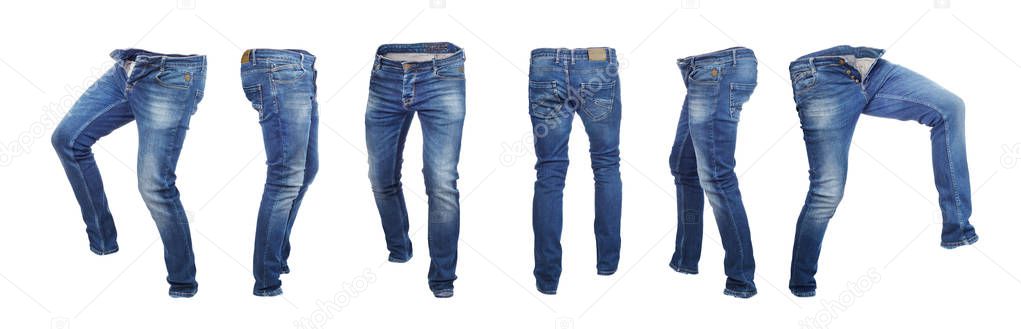 Set of empty blank jeans pants in different poses isolated on a 
