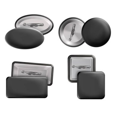 Vektör. Alay Et. Yuvarlak, dikdörtgen, oval, siyah renkli kare şekiller rozet pin broş ayarlayın. Beyaz arka planda yalıtılmış gerçekçi illüstrasyon.