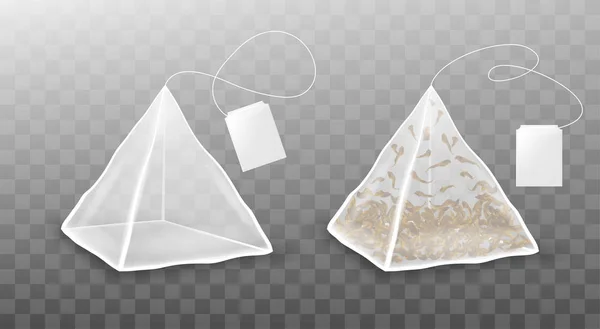 Forma de pirâmide saco de chá isolado em fundo transparente. Saco de chá vetorial realista com etiqueta . —  Vetores de Stock