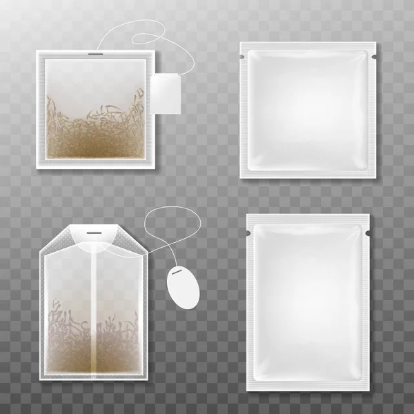 透明な背景に分離された茶の包装およびティーバッグ。リアルなベクトルイラスト. — ストックベクタ