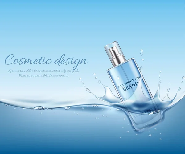 Cosmetic bottle on water background with air bubbles. Vector illustration — Stock Vector