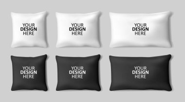 Vektör gerçekçi 3d beyaz ve siyah yastık seti closeup gri arka plan üzerinde izole.