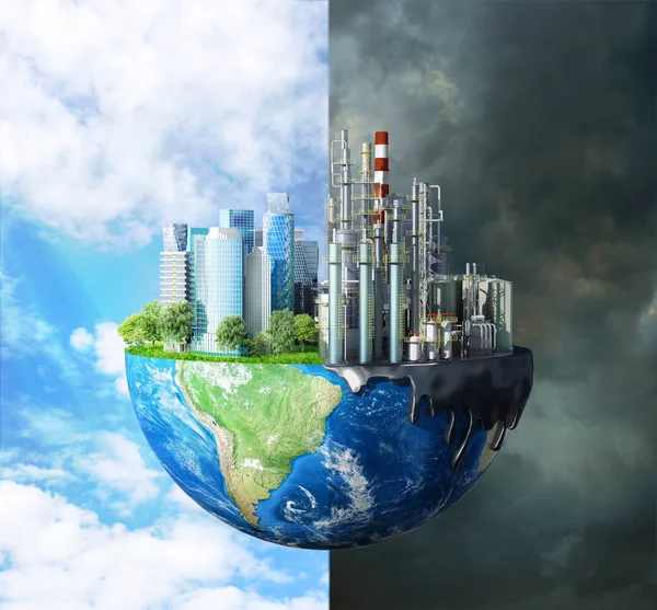 Έννοια της παγκόσμιας καταστροφής. Η αντίθεση μεταξύ καθαρής φύσης, φωτεινού ουρανού, δέντρων και ρυπογόνων πόλεων, με μεγάλα κτήρια και φυτά να καταστρέφουν την οικολογία του πλανήτη μας. εικονογράφηση 3D — Φωτογραφία Αρχείου