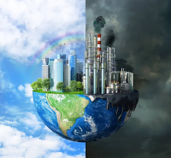 글로벌 재해의 개념. 순수한 자연, 밝은 하늘, 나무와 오염 도시 사이의 대조, 큰 건물과 식물은 지구의 생태를 파괴. 3D 일러스트레이션 — 스톡 사진
