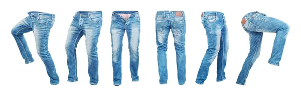 Ensemble de pantalons de jeans vides dans différentes poses isolés sur un — Photo