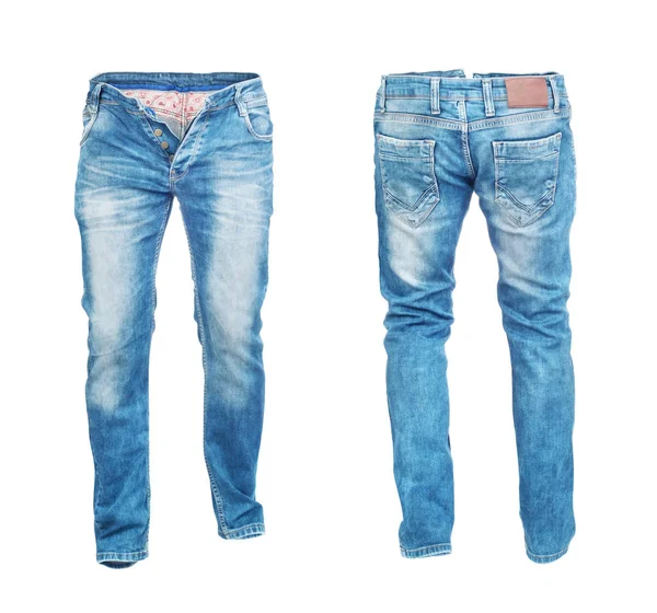 Calça jeans em branco frontal e traseira isolada em um bac branco — Fotografia de Stock