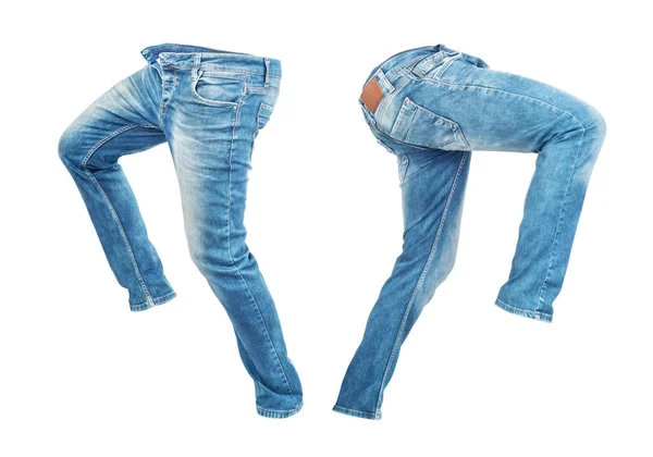 Blank jeans byxor leftside och rightside isolerade på en vit BAC — Stockfoto