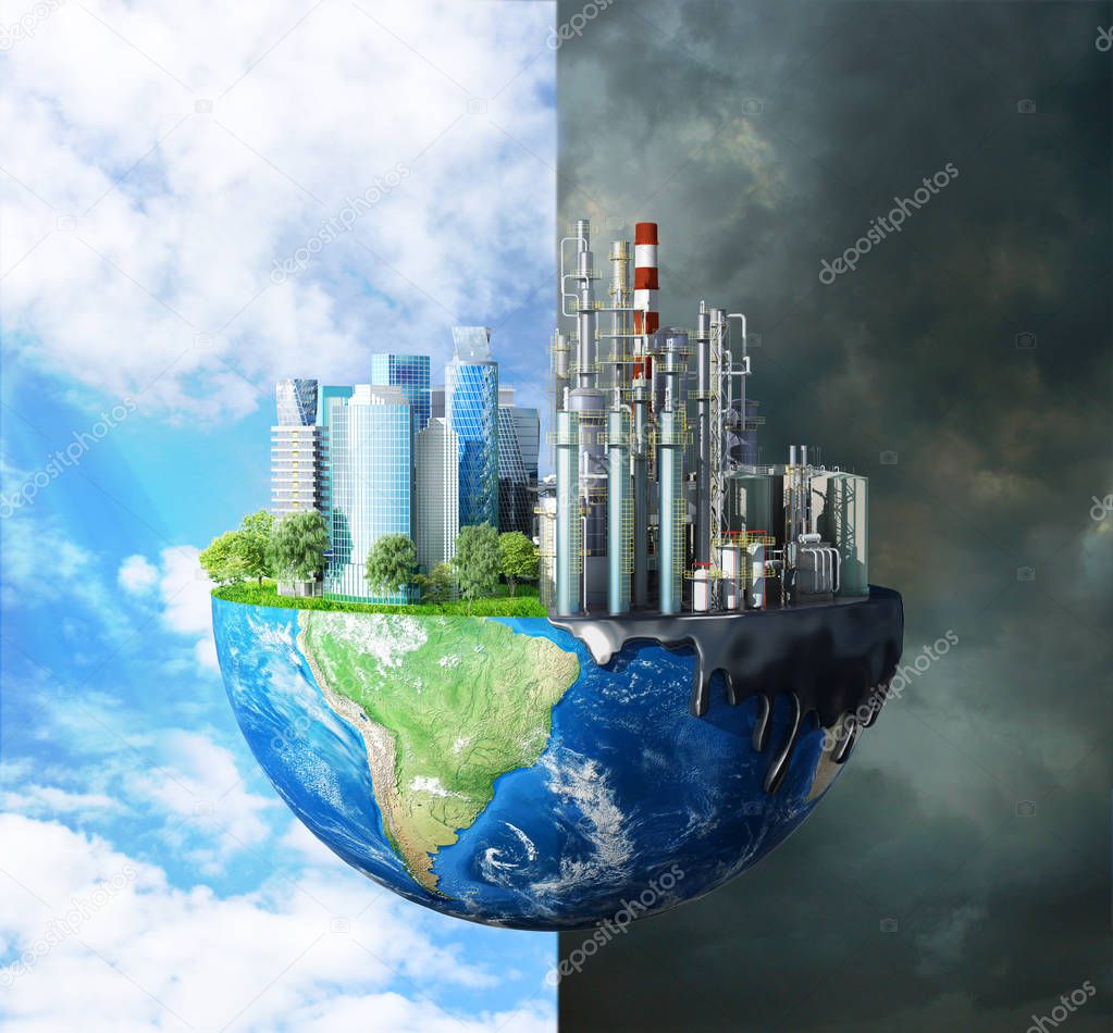 concept of global disaster. The contrast between pure nature, bright sky, trees and polluting cities, with large buildings and plants destroying the ecology of our planet. 3d illustration