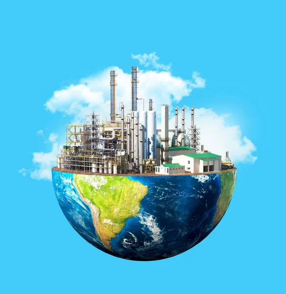 Концепция загрязнения окружающей среды Завод на планете Земля изолирован на голубом фоне. 3d иллюстрация — стоковое фото