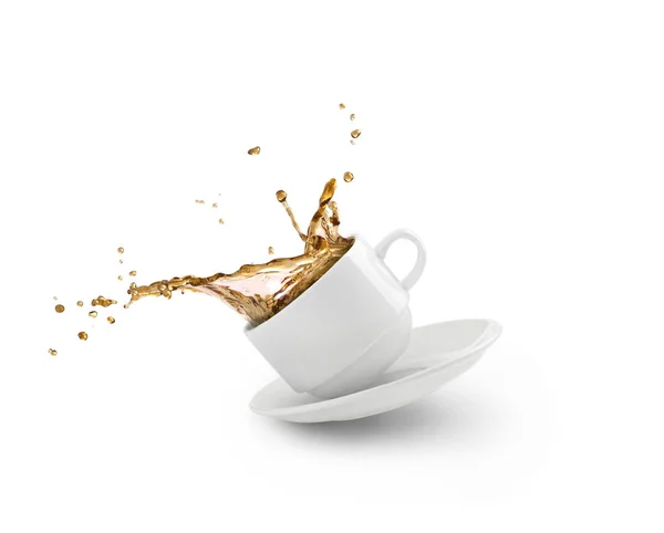 Coffee splash in white cup isolated — Stock Photo, Image