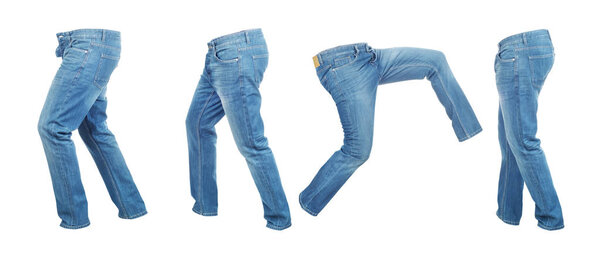 Set of light empty denim pants on a white background