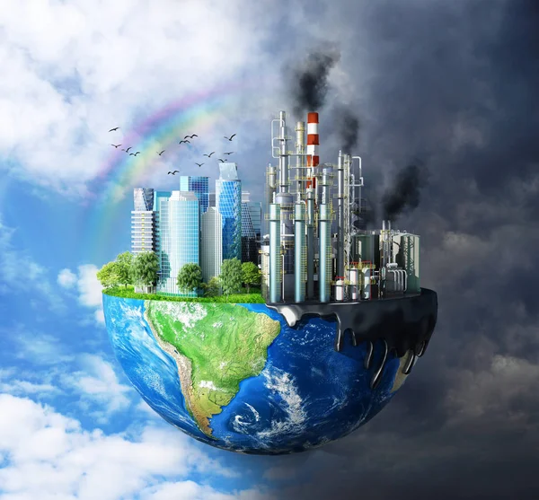 Concept van mondiale rampen. Het contrast tussen zuivere natuur, heldere lucht, bomen en vervuilende steden, met grote gebouwen en planten die de ecologie van onze planeet vernietigen. 3D-illustratie — Stockfoto