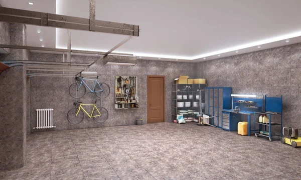 Grote garage met bruin marmeren tegels, 3D illustratie — Stockfoto