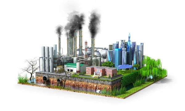Fabriek. Het concept van mondiale rampen. Aarde met geologische bodem doorsnede, 3D-illustratie — Stockfoto