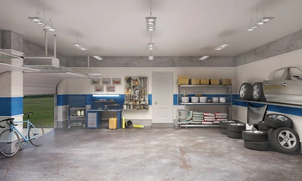 Grote garage met werkruimte en auto-onderdelen, 3D-illustratie — Stockfoto