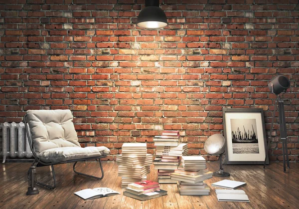 Sala de leitura, parede de tijolo, piso de madeira com luz quente — Fotografia de Stock