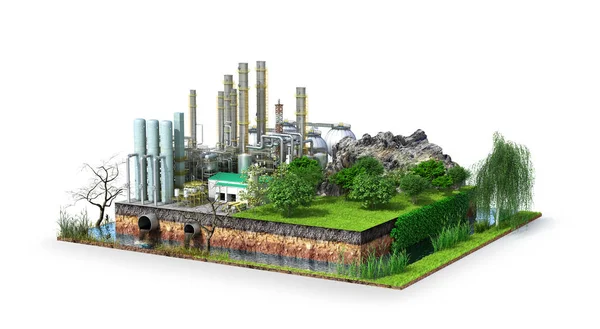 Usine. Le concept de catastrophe mondiale. Terre avec section géologique du sol, illustration 3D — Photo