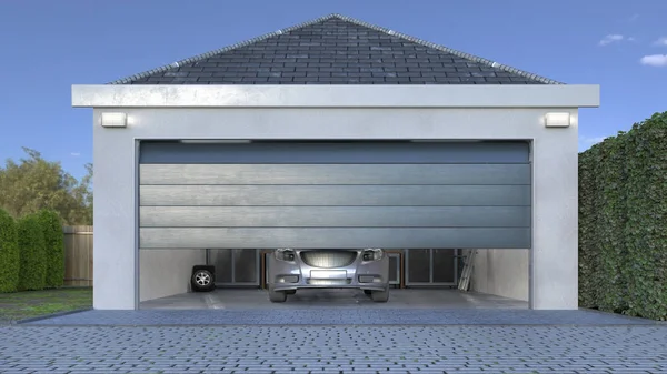 Entrada de garagem com portas seccionais. ilustração 3d — Fotografia de Stock