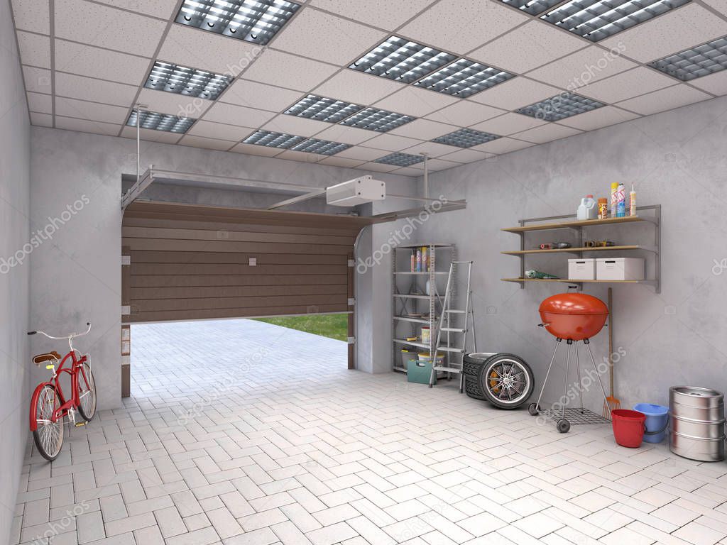 Garage interior with open door, 3d illustration