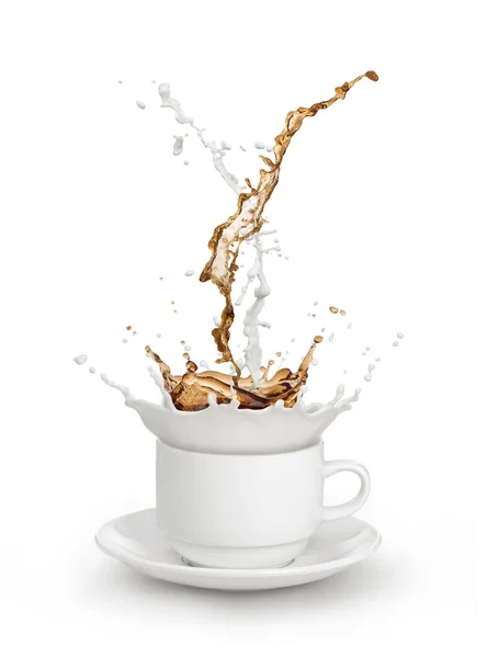 Milk coffee splash in white cup isolated — Stock Photo, Image