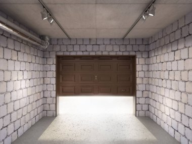 Açık kapı ve güneş ışığı ile Boş garaj, 3d illüstrasyon