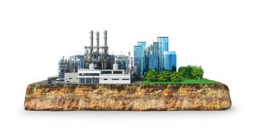 Fabrika. Küresel felaket kavramı. Jeolojik toprak kesiti ile Toprak, 3d illüstrasyon