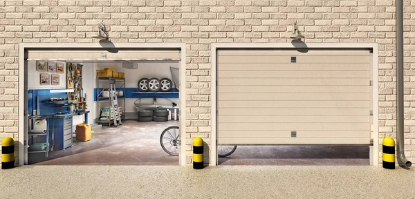 Garage with two roller doors, look outside, 3d illustration