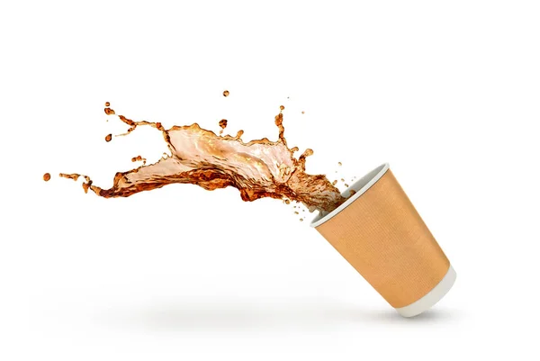 Koffie of thee Splash in papieren beker geïsoleerd — Stockfoto