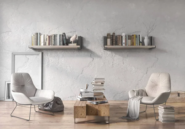 Sala de leitura, Grunge, parede velha branca com piso de madeira — Fotografia de Stock