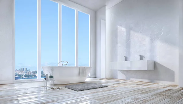 Koupelna, okno, dřevěná podlaha, bílá zeď — Stock fotografie