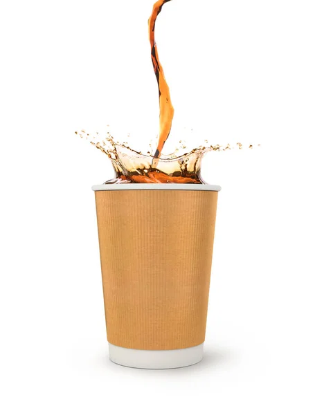 Kawy splash w papierowy kubek na białym tle — Zdjęcie stockowe