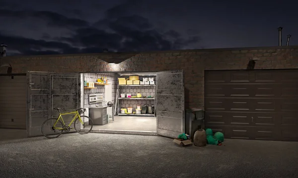 Drie garages 's nachts, twee zijn gesloten en een wordt geopend, 3D-illustratie — Stockfoto