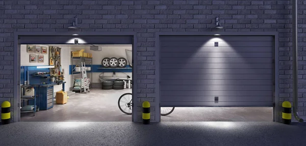 Garage with two roller doors, look outside at night, 3d illustration — Stock Photo, Image