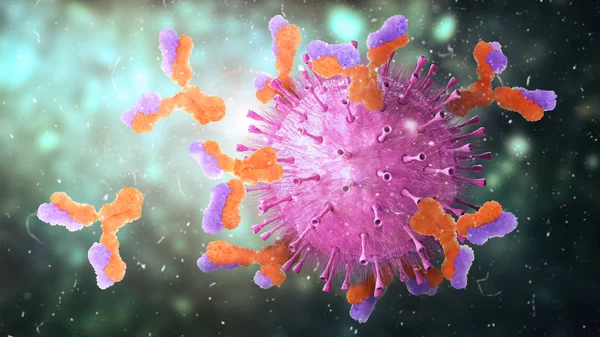 Mikrobiologi. Antikroppar angriper viruset. 3D-illustration — Stockfoto