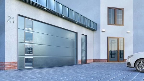 Ingresso garage con porte sezionali. Illustrazione 3d — Foto Stock