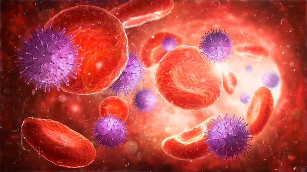 Μικροβιολογίας. Ιός μεταξύ των αιμοσφαιρίων στο υπόβαθρο της αρτηρίας. εικονογράφηση 3D — Φωτογραφία Αρχείου