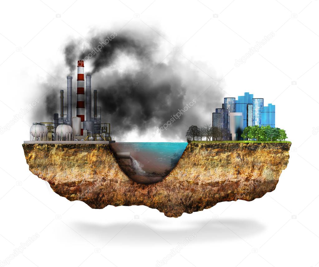 Factory. The concept of global disaster. Earth with geological soil cross section, 3D illustration