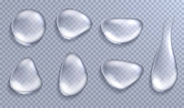 Şeffaf arka planda izole edilmiş gerçekçi su damlası vektörleri. Vektör çizimi