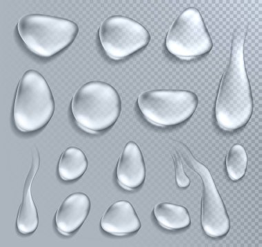 Şeffaf arka planda izole edilmiş gerçekçi su damlası vektörleri. Vektör çizimi
