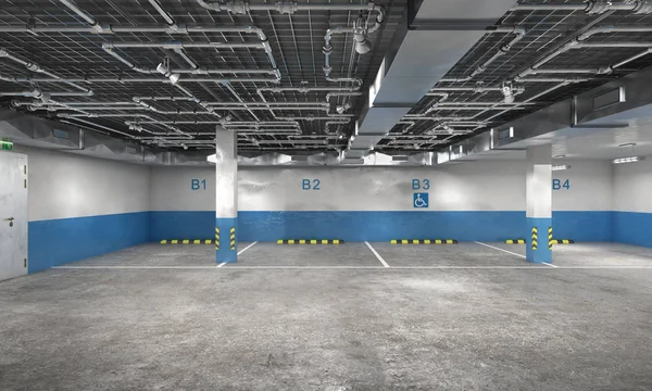 Пустой подземный паркинг в сине-белых тонах, 3d иллюстрация — стоковое фото