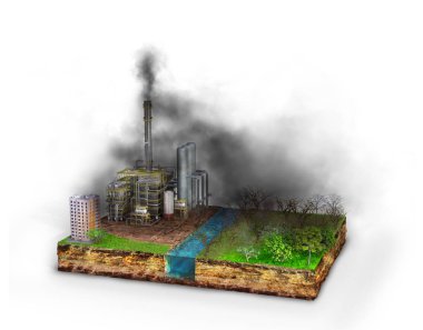 Fabrika. Küresel felaket kavramı. Jeolojik toprak kesiti ile Toprak, 3d illüstrasyon